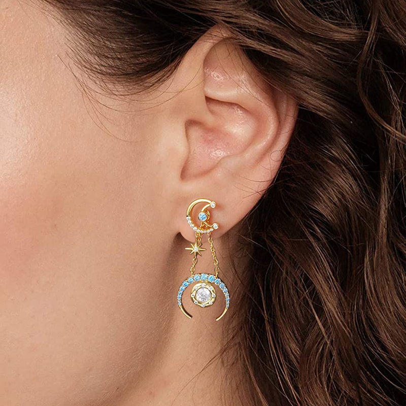 Star Moon Asymmetrical Pattern Dangle Earrings Inlaid with Colorful Gems Sterling Silver 18K Gold Plated_4