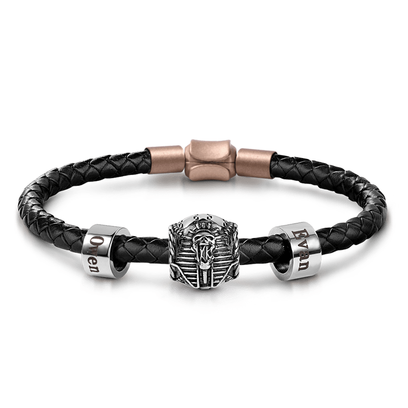 Egyptian Pharaoh Skull Vintage Bead & Customized Classic Beads S925 Sterling Silver with Gift Copper Black Leather Men's Bracelet Jewelry for Men_1