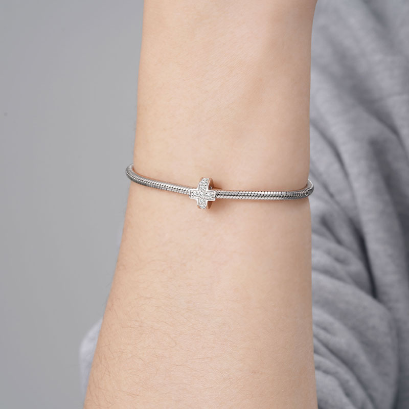 Sparkling Cross Stopper for Charm Bracelets 925 Sterling Silver Inlaid with Clear Gemstones_3