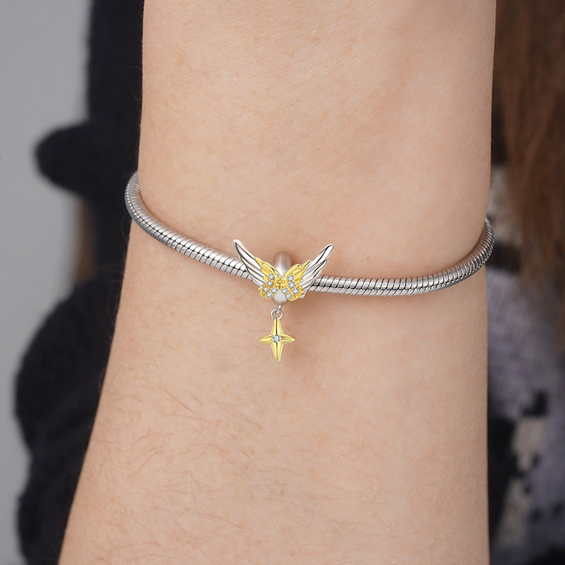 Shiny Angel Wings Stopper for Charm Bracelets 925 Sterling Silver 18K Gold Plated Inliad with Clear Gemstones_3