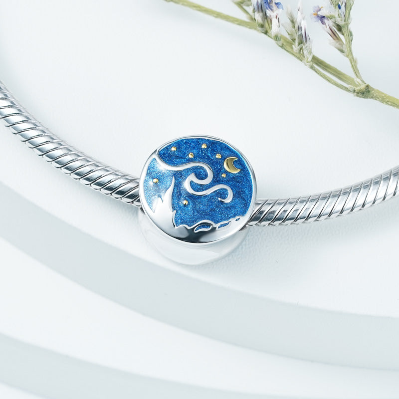 Starry Night Charm Bead 925 Sterling Silver 18K Gold Plated with Enamels Double-sided Pattern_2