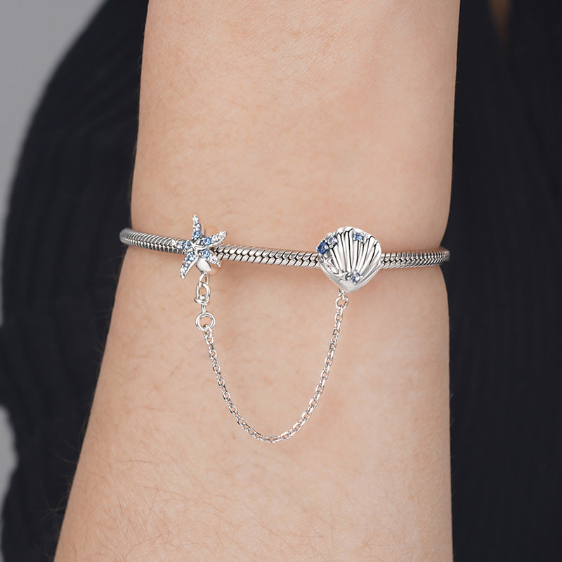 Sparkling Starfish & Shell Safety Chain 925 Sterling Silver Inlaid with Clear and Blue CZ Stones_3