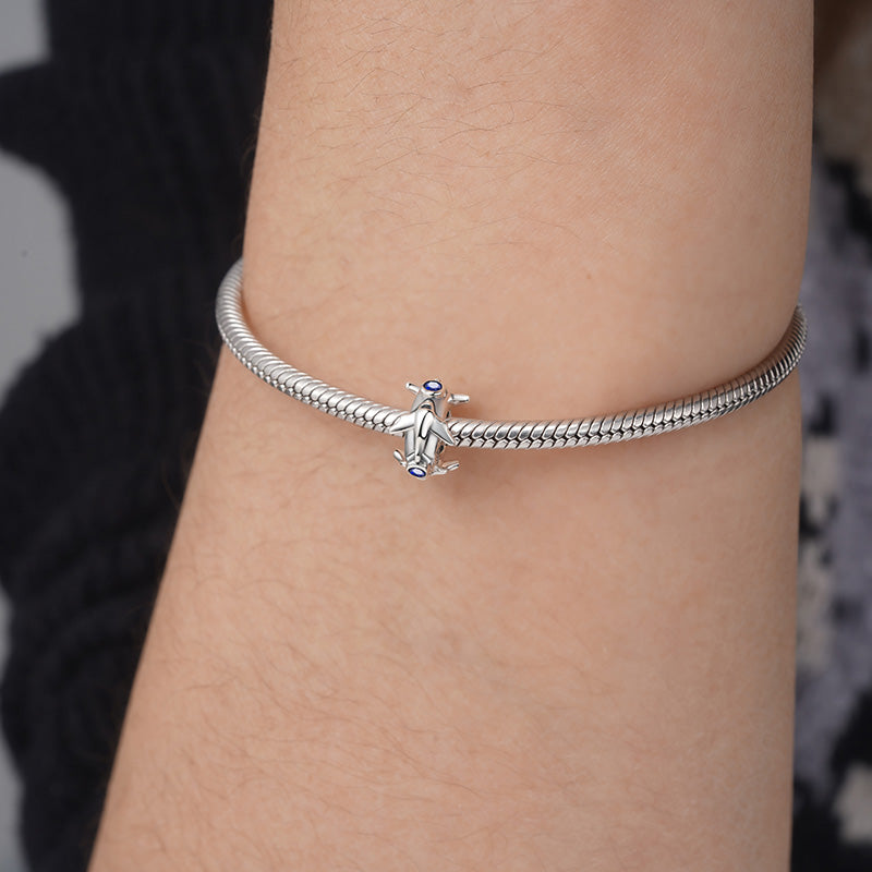 Soaring Airplane Stopper for Charm Bracelets 925 Sterling Silver Inlaid with Blue CZ Stones_3