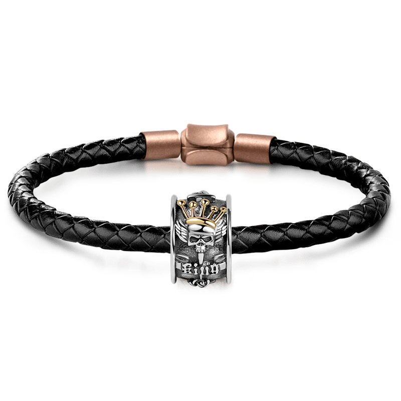 Skull King Charm Vintage Bead S925 Sterling Silver with Gift Copper Black Leather Men's Bracelet Jewelry for Men_1