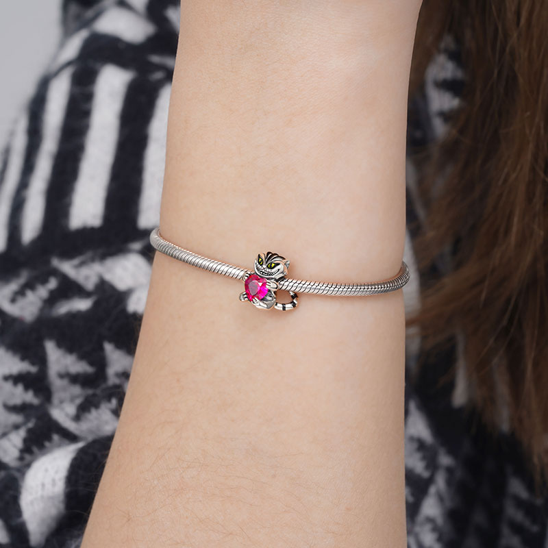 Cheshire Cat Embraces Heart Gemstone Charm Bead 925 Sterling Silver Black Plated_3