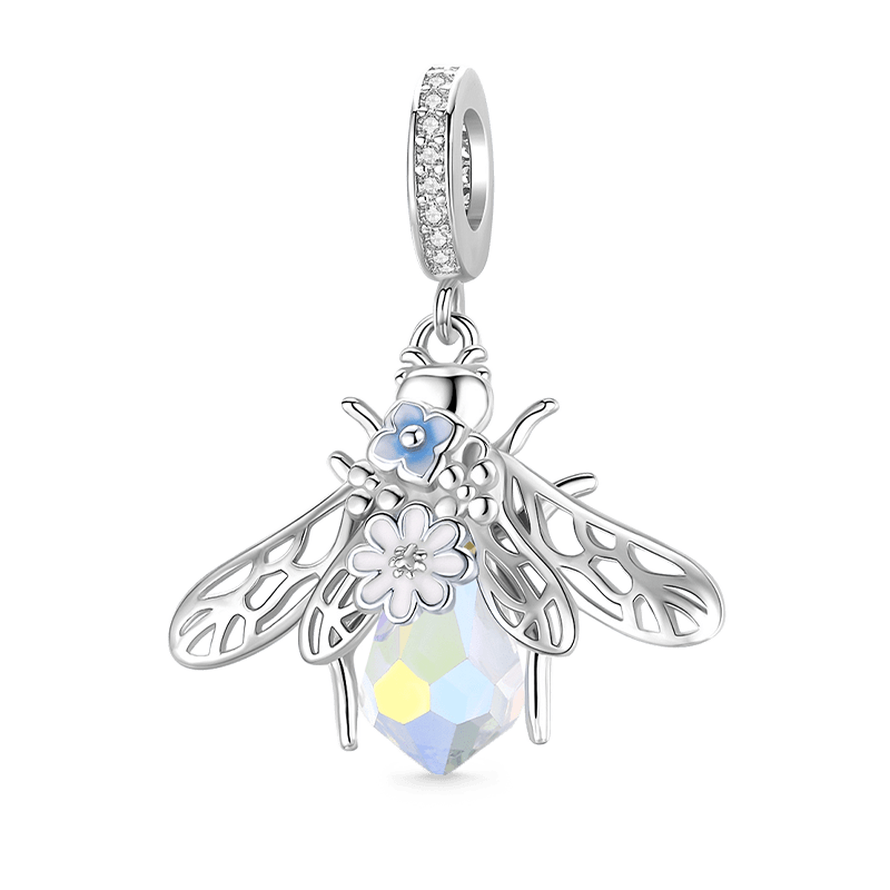 Flowers on Bee Pendant Dangle Charm 925 Sterling Silver with Shiny Artificial Crystal_1