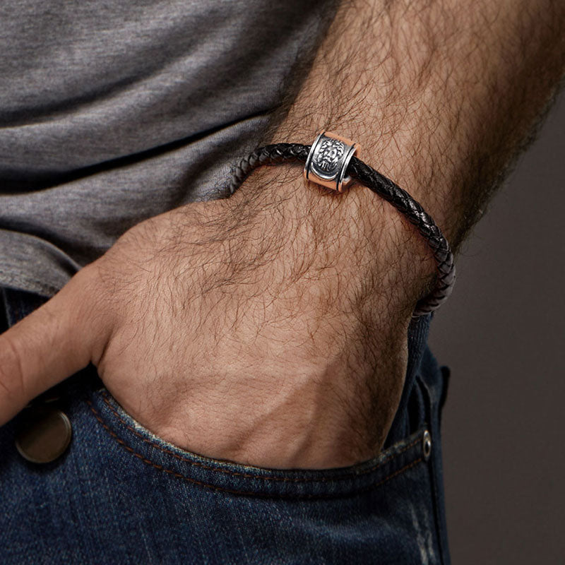 David & Gloria Giant Men's Vintage Bead S925 Sterling Silver with Gift Copper Black Leather Men's Bracelet Jewelry for Men_5