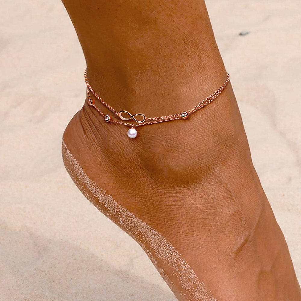Gnoce "Love Anklet Lock " 18K Rose Gold Plated Pearl Infinity Anklet Inlaid with CZ Stones_3