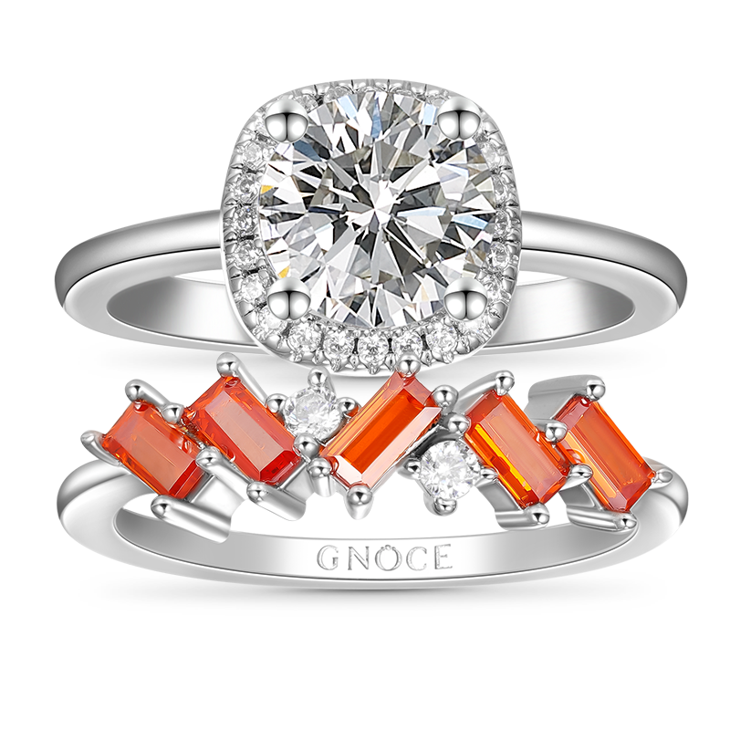 Gnoce Clear Square Cut with Multi Orange Stackable Ring Set_1