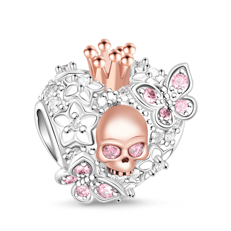 Gnoce "Beauty of Death" 925 Sterling Silver Skull Queen with Pink CZ Stones of Butterfly Charm_1