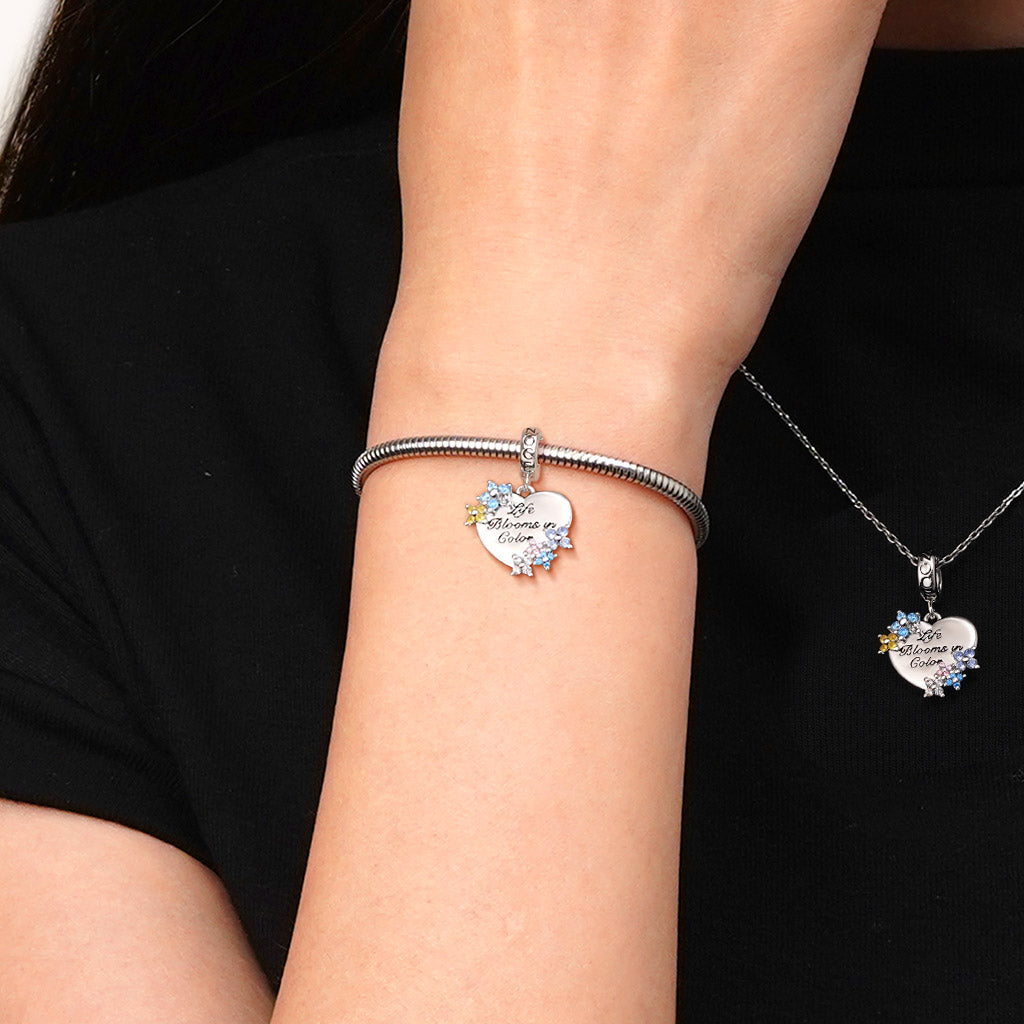 Gnoce Engravable "Life Blooms in Color" Heart Flowers Pendant Dangle Charm_6