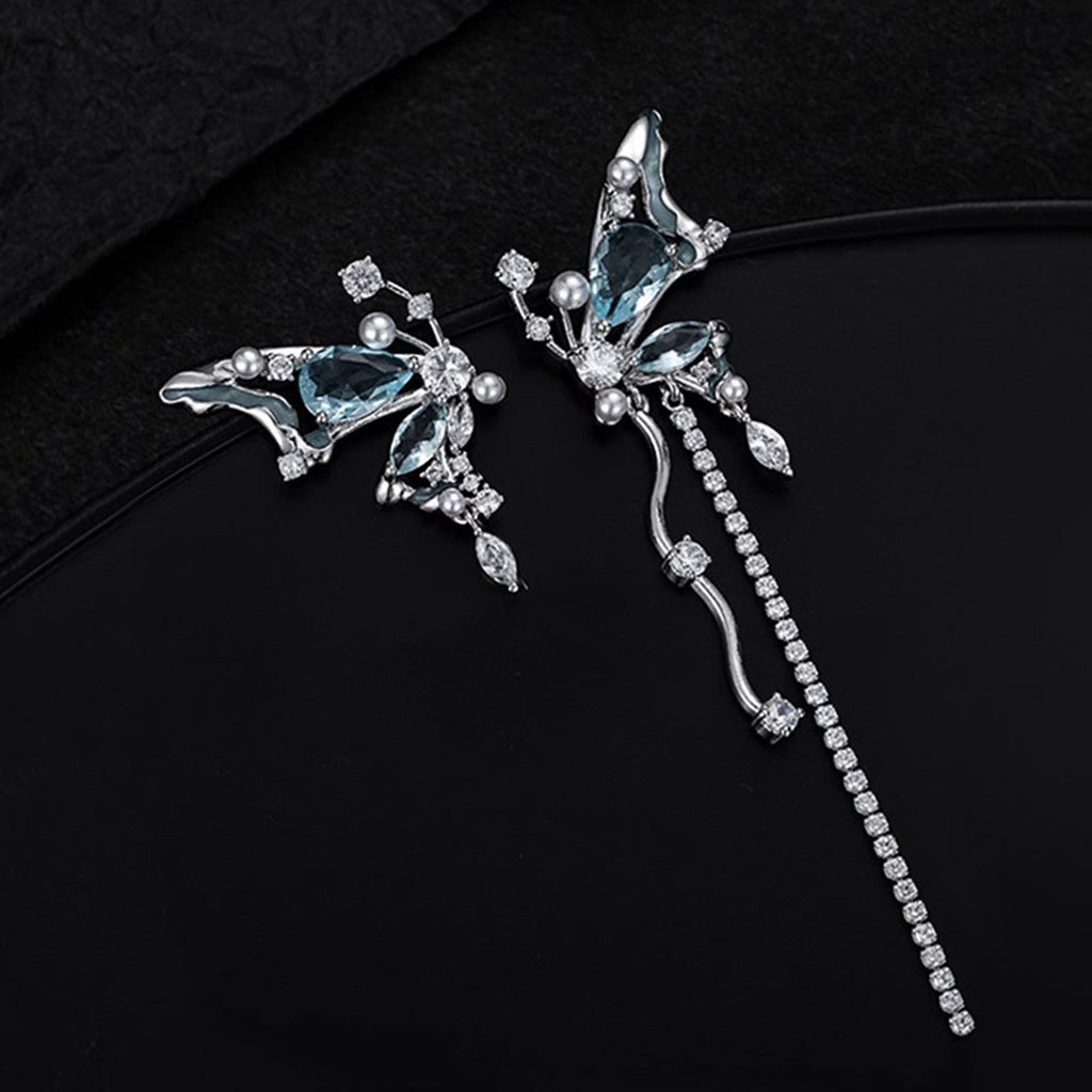Gnoce Blue Crystal Butterfly Tassel Asymmetric Ear Clips_2