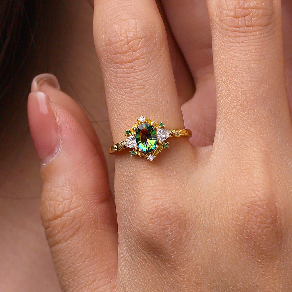Gnoce Oval-Cut Secret Garden Gold Leaf Teal Diamond Ring_5
