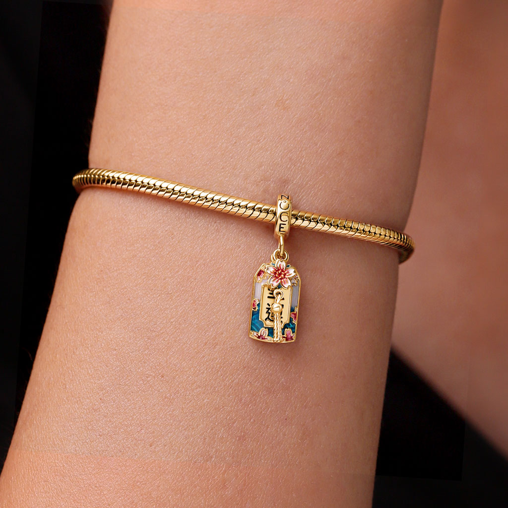 Gnoce 18k Gold Plated Lucky Amulet Ukiyo-e Cherry Blossom Pendant Dangle Charm_5