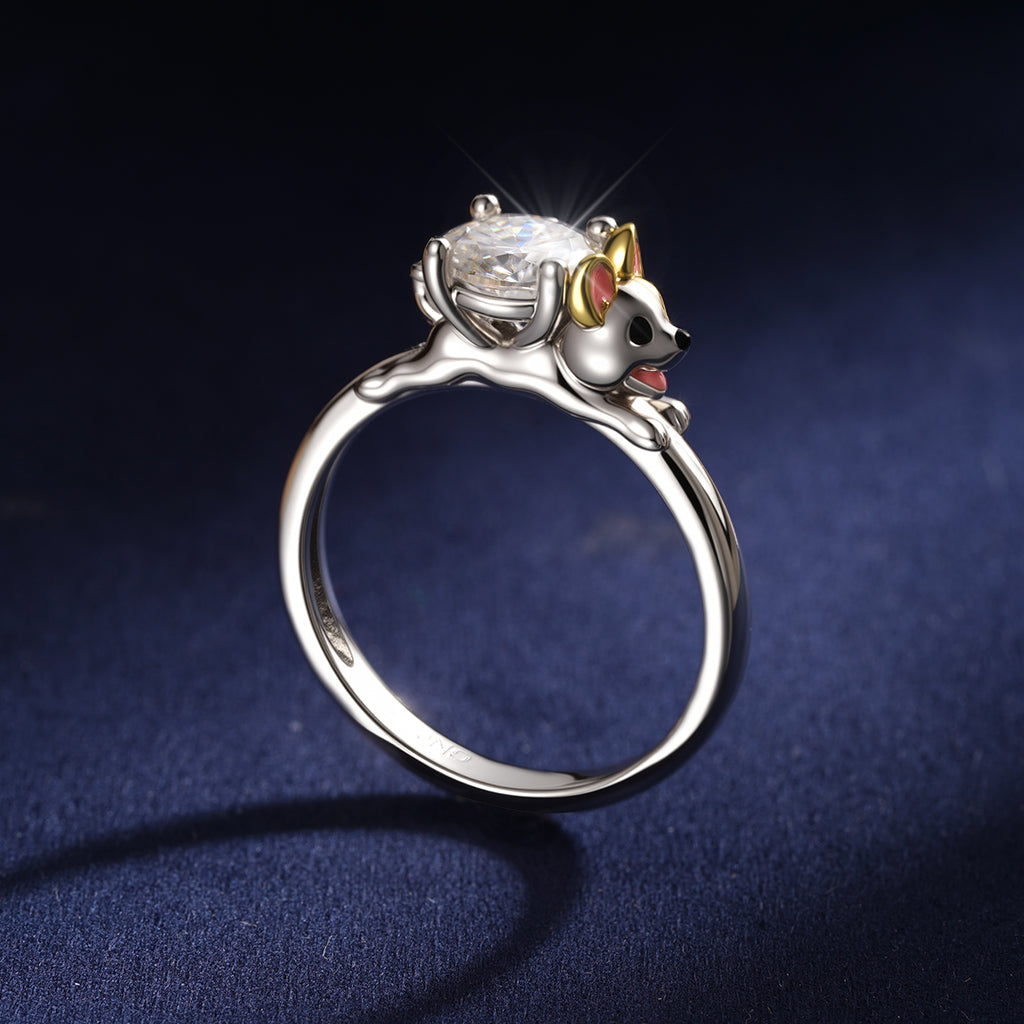 Gnoce Corgi Dog mbraces Moissanite Round Cut Ring_7