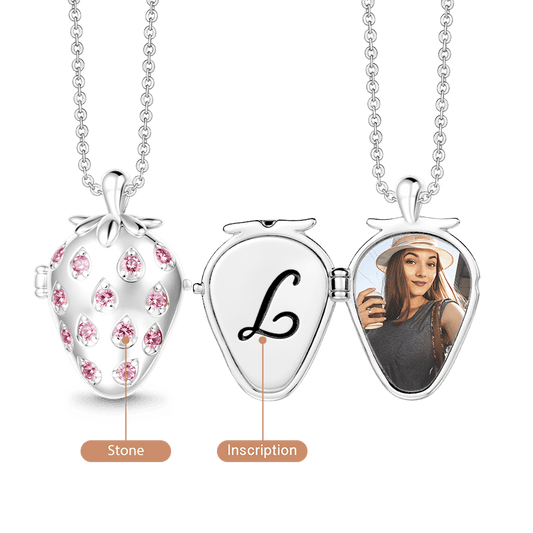 Gnoce Custom Strawberry Photo Locket Necklace with Birthstone & Personalized Inscription_2
