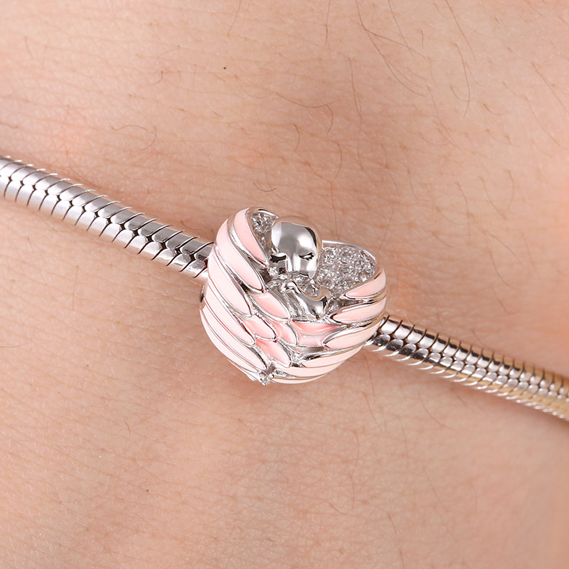 Gnoce "Sleeping Baby Wrapped in Angel Wings" Baby Charm Pink Wings Silver for mothers_3