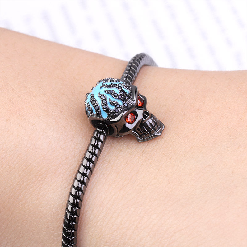 Gnoce "Fiery Love" Unique Skull 925 Sterling Silver Charm Beads Black Plated with Black CZ Hair and Red CZ Eyes_3