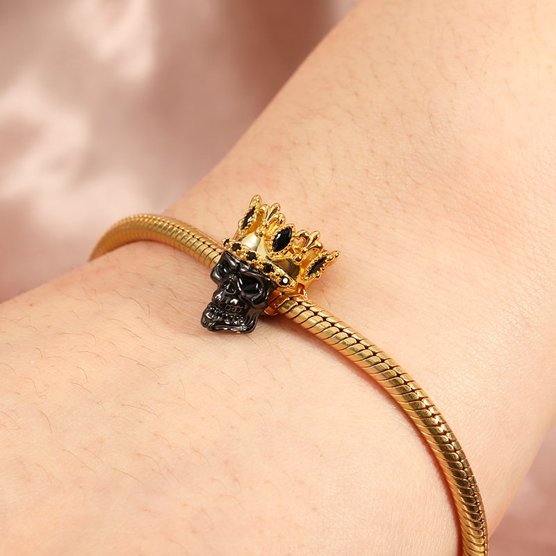 Black Crown Skull Charm Bead 18K Gold Plated 925 Sterling Silver_3