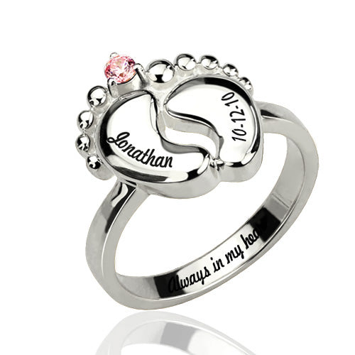 Gnoce "My Baby" Engraved Baby Feet Ring with Birthstone Platinum Plated_3