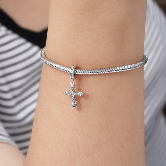 Retro Cross Pendant Dangle Charm Sterling Silver Inlaid with Crystal Gemstones_3