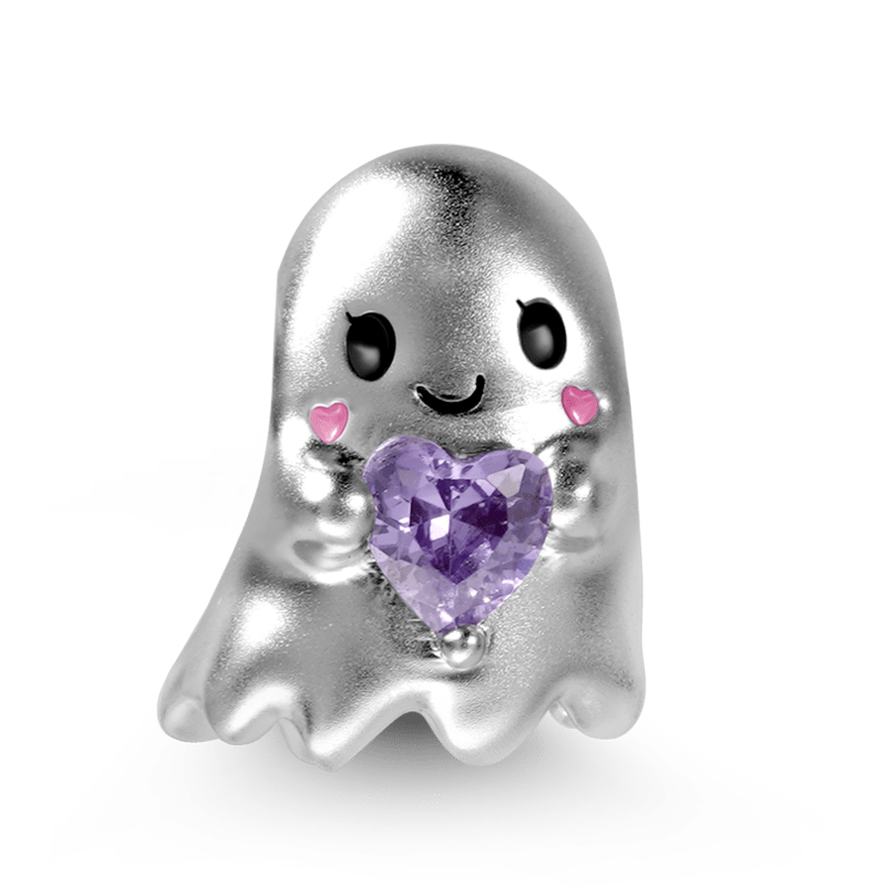 Cute Ghost Embraces Heart Gemstone Charm Bead Sterling Silver_1