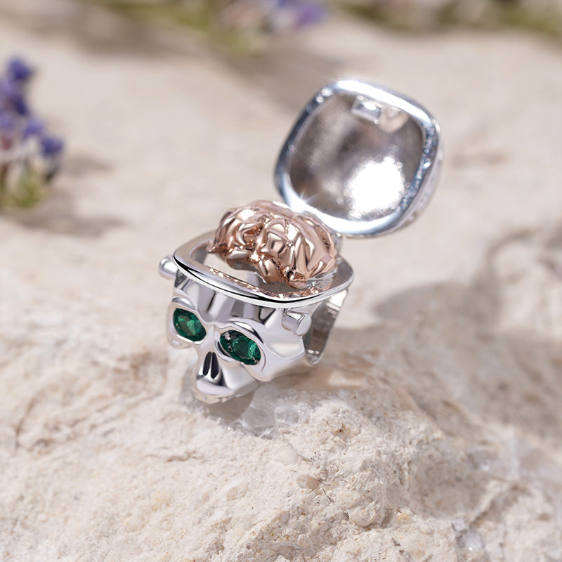 Skull with Openable Brain Charm Bead 925 Sterling Silver Inlaid with Emerald Zircon Eyes_3