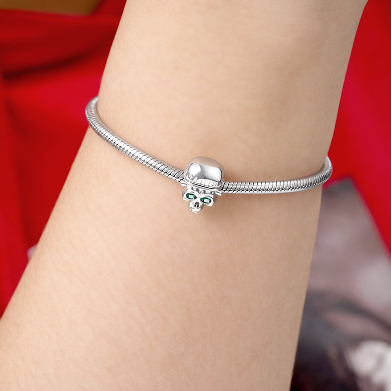 Skull with Openable Brain Charm Bead 925 Sterling Silver Inlaid with Emerald Zircon Eyes_4