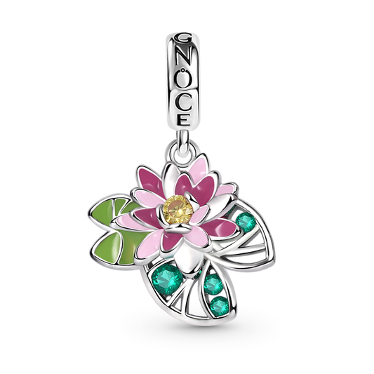 Water Lily Flower Pendant Dangle Charm 925 Sterling Silver Colorful Enamel and Gemstones Inlaid_1