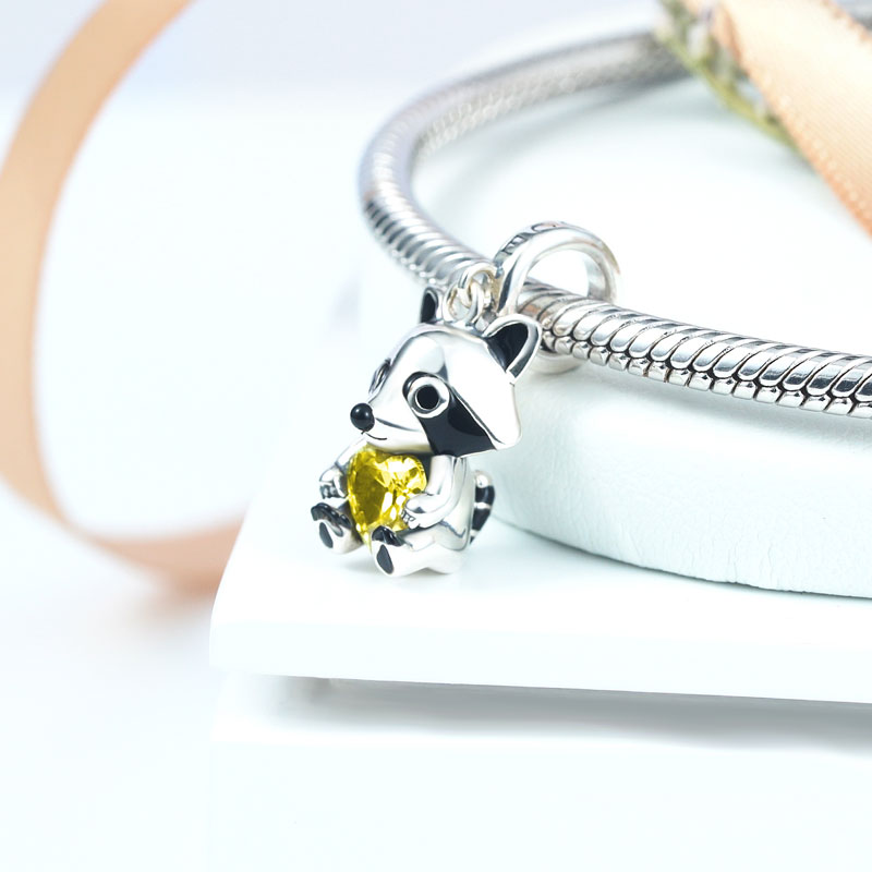 Gentleman Raccoon Embraces Heart Gemstone Pendant Dangle Charm 925 Sterling Silver with Black Plated_2