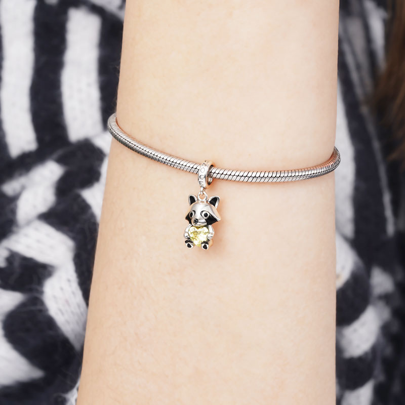 Gentleman Raccoon Embraces Heart Gemstone Pendant Dangle Charm 925 Sterling Silver with Black Plated_3