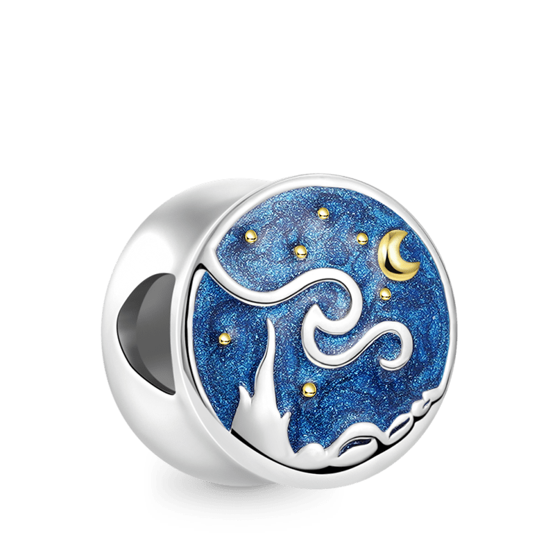 Starry Night Charm Bead 925 Sterling Silver 18K Gold Plated with Enamels Double-sided Pattern_1