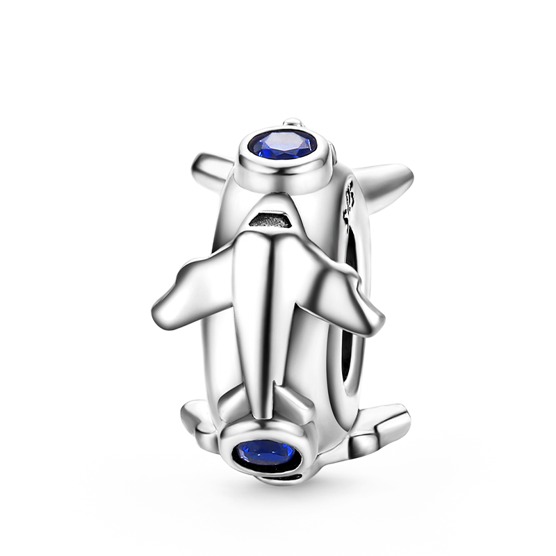 Soaring Airplane Stopper for Charm Bracelets 925 Sterling Silver Inlaid with Blue CZ Stones_1