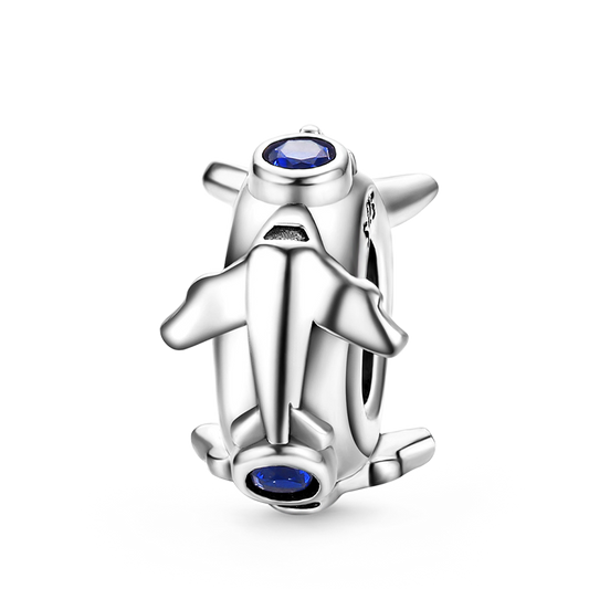 Soaring Airplane Stopper for Charm Bracelets 925 Sterling Silver Inlaid with Blue CZ Stones_1