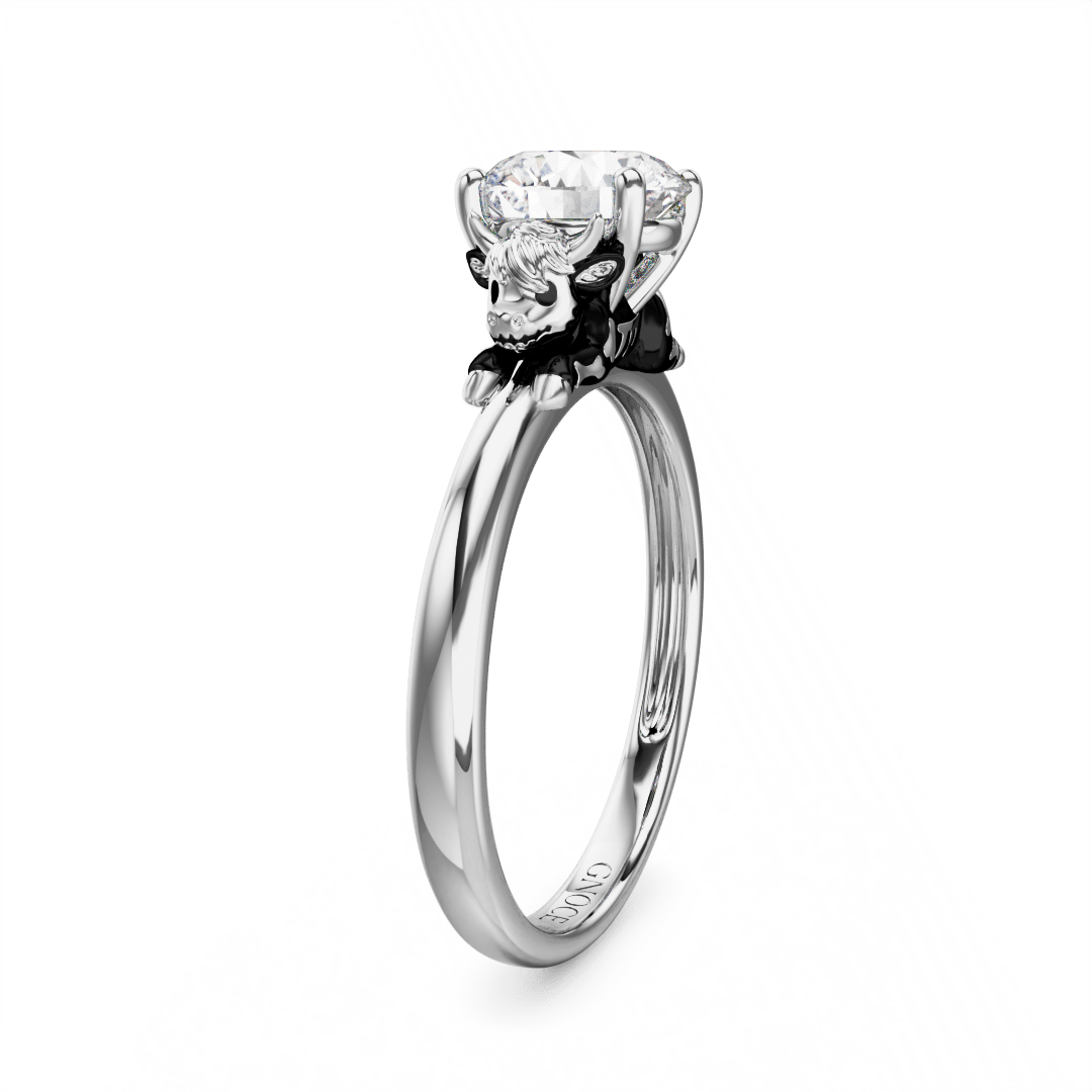 Gnoce Skeleton Highland Cow Embraces Moissanite Round Cut Ring_5
