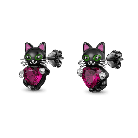 Gnoce Black Cat Embrace Heart Stud Earrings_1