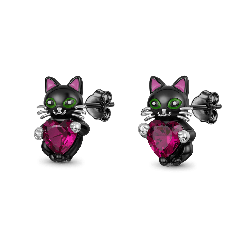 Gnoce Black Cat Embrace Heart Stud Earrings_1
