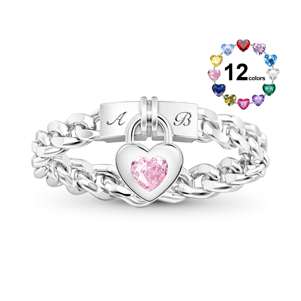 Gnoce Customized Heart-shaped Lock Birthstone Ring_1