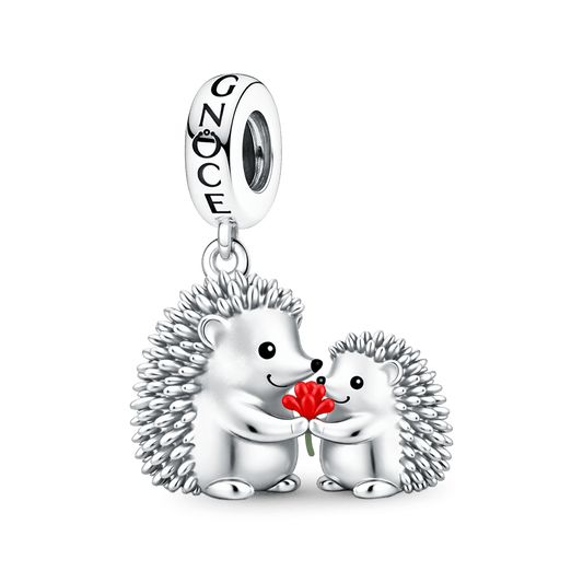 Gnoce Hedgehog Mother & Child Holding Carnation Pendant Dangle Charm_1