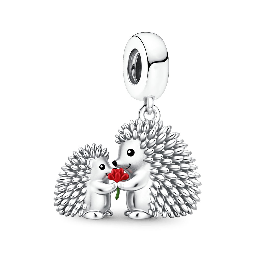 Gnoce Hedgehog Mother & Child Holding Carnation Pendant Dangle Charm_6