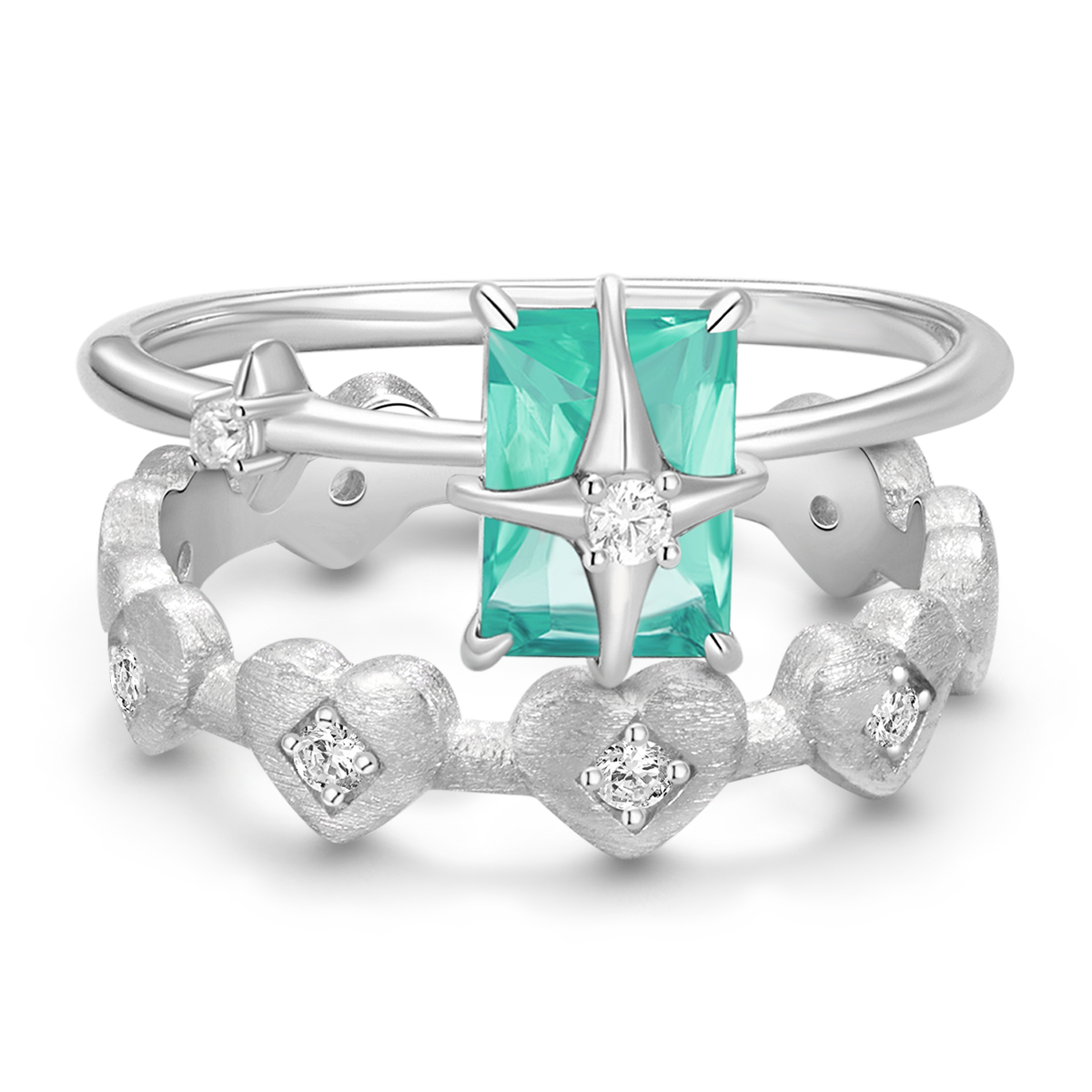 Gnoce Starburst Green Square Crystal Solitaire and Heart Ring Set_1