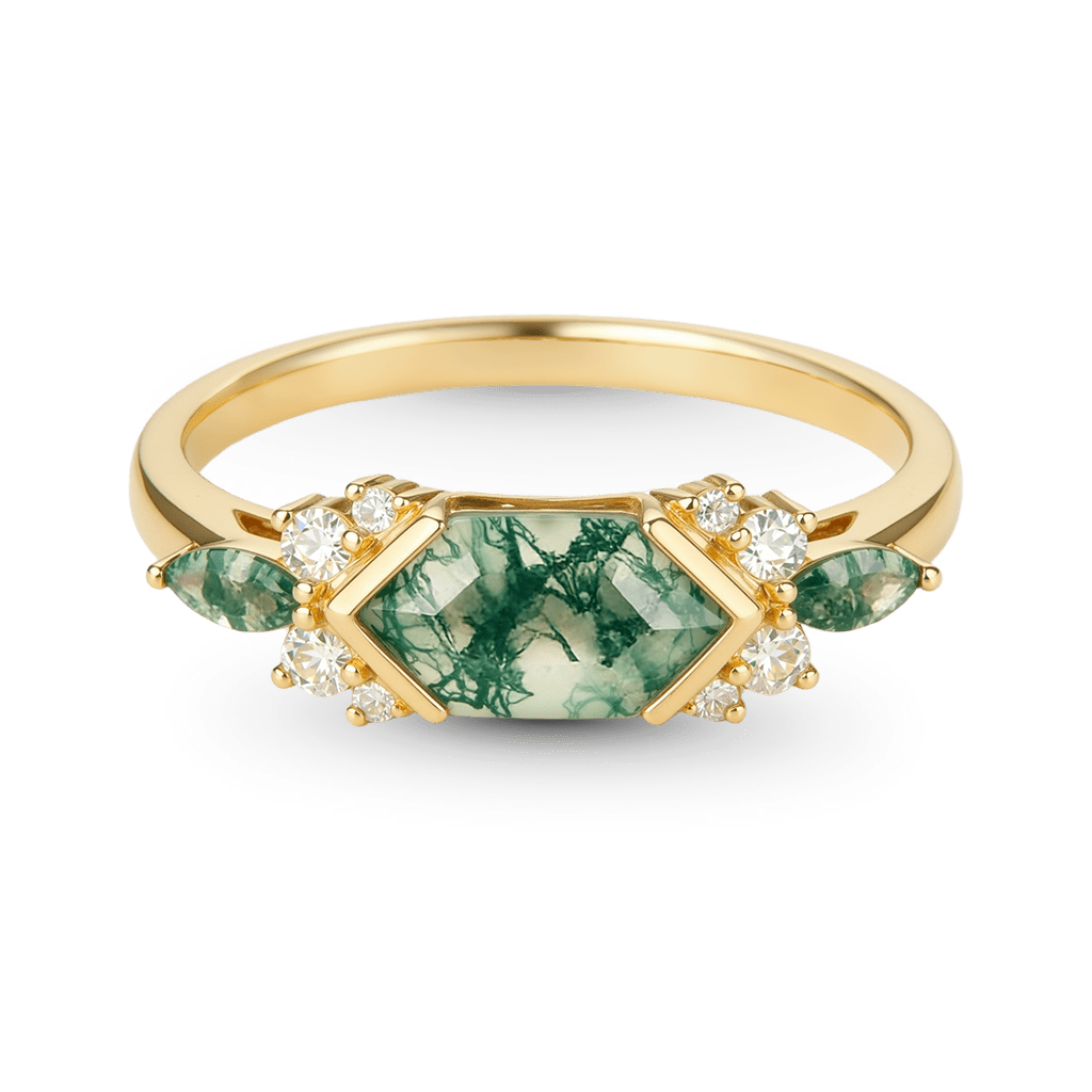 Gnoce Long Hexagon Moss Agate Engagement Ring_1