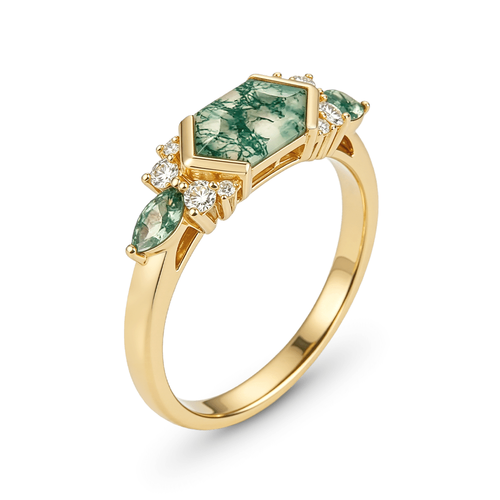 Gnoce Long Hexagon Moss Agate Engagement Ring_4
