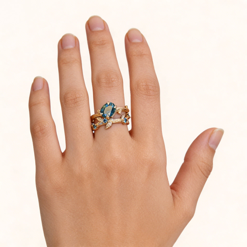 Gnoce Nature-Inspired Oval-cut Leaf Engagement Ring Set_2