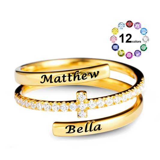 Gnoce Engraving Names Cross Ring Personalized Birthstone Gold Jewelry_1