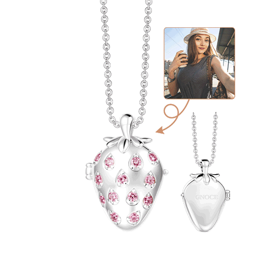 Gnoce Custom Strawberry Photo Locket Necklace with Birthstone & Personalized Inscription_1