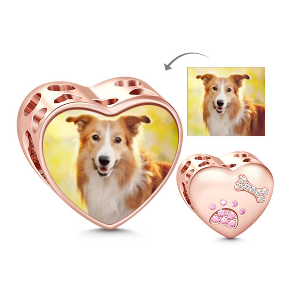 Gnoce " Paw Print and Bone of My Dog "High Polished Sterling Silver Plated with Rose Gold Cut Pug Dog Paw Print Hollow Hearts Photo Charms_2