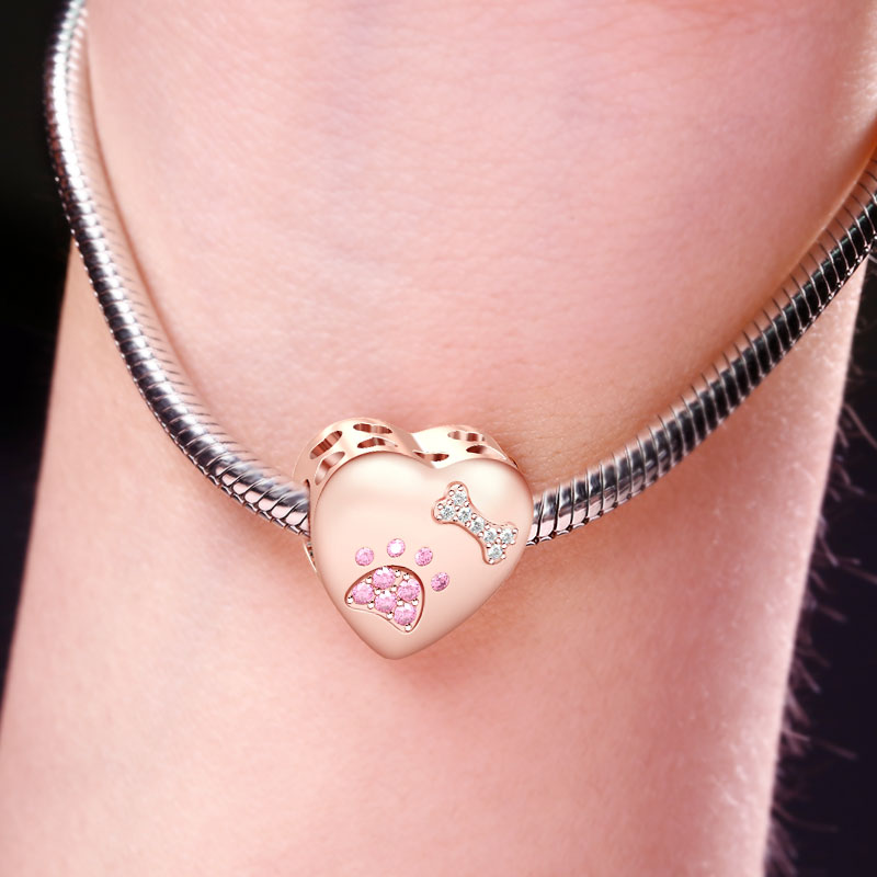 Gnoce " Paw Print and Bone of My Dog "High Polished Sterling Silver Plated with Rose Gold Cut Pug Dog Paw Print Hollow Hearts Photo Charms_5