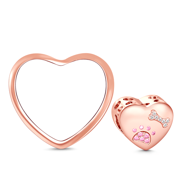 Gnoce " Paw Print and Bone of My Dog "High Polished Sterling Silver Plated with Rose Gold Cut Pug Dog Paw Print Hollow Hearts Photo Charms_3
