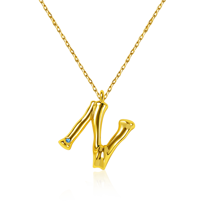 Letter N Pendant Bamboo Initial Necklace Adjustable Chain Length 18k Gold Plated 925 Sterling Silver_1
